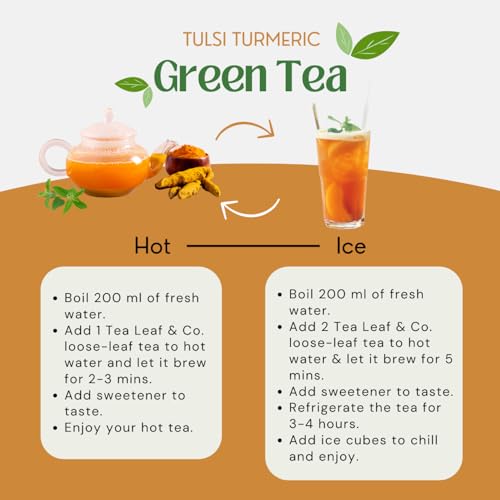 Image of Tealeaf & Co. Turmeric Tulsi Holy Basil Green Tea Loose Leaf - Turmeric, Tulsi & Peppermint Tea Blended with Fresh Herbs & Spices - 50 Servings, Low Caffeine & Gluten Free (3.52oz /100gm)