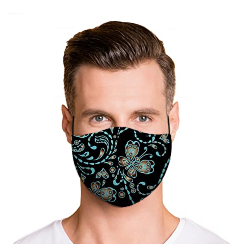 Washable Face Mask With Adjustable Ear Loops & Nose Wire - 3 Layers, 100% Cotton Inner Layer - Cloth Reusable Face Protection With Filter Pocket - (Seamless Butterfly #TOP1