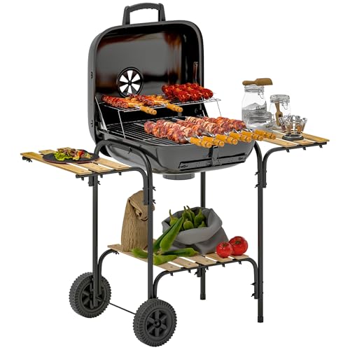 Outsunny Barbecue charbon de bois, chariot de cuisson avec surface de cuisson de 1840 cm², barbecue fumoir portable avec couvercle, grille, étagères et...