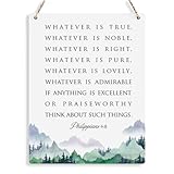 BELLOWDEER Inspirational Decor Philippians 4:8 Christian Gifts Bible Verse Wall Art Scripture Wooden Hanging Sign for Modern Home Office Bathroom Bedroom Wall Art Decoration 8 x 10 Inches