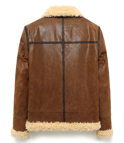 FLAVOR Men's Leather Bomber Jacket Winter Warm Shearling Aviator Jackets with Adjustable Belt Strap2