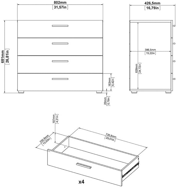 Tvilum Austin 4 Drawer Chest, Oak Structure/White High Gloss