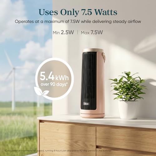 Image of Levoit Windi Mini Tower Fan for Bedroom, Portable Desk Fan, 20dB Quiet | 23ft /s Oscillating Fan, 3 Angles 4 Speeds, Bladeless, Easy to Carry, DC, Remoter, 12H Timer, for Home, Room, Office, Clay