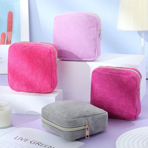 Image of Dansydaisy 4 Pcs Sanitary Napkin Storage Bag Pink Corduroy Period Bag for Gift School Teen Mini Makeup Preppy Cosmetic Wallet Set for Women Teacher Portable First Period Cute Pad Pouch with Zipper
