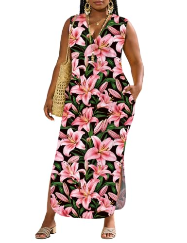 Image of UOUA Women Summer Maxi Dresses Plus Size Casual Hawaiian Sundress Sleeveless Loose Split Beach Dress with Pockets