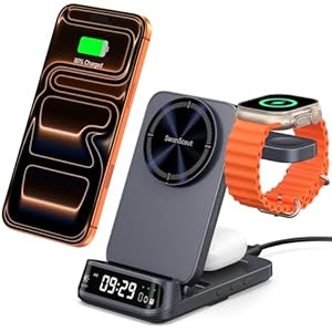 SwanScout 708M Station de Charge sans Fil pour iPhone, Chargeur Magnétique 3 en 1 Pliable pour iPhone Air/17/16/15/14/13/12, Chargeur Induction pour Apple Watch 11/10/9/8, AirPods (sans Adaptateur)