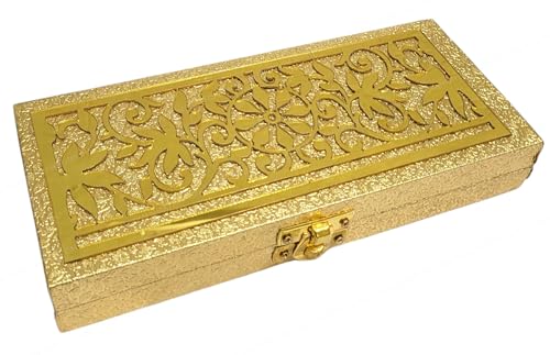Image of SHAKTISM Golden Flower Decorative Cash Box, Shagun, Jewellery Money Envelop Wedding, Gift, Bangel Box (Pack of 1Pc) (Antique Style, Rectangular, One Size, 20x8.5x3 cm, 80g, Hook and Loop Closure)