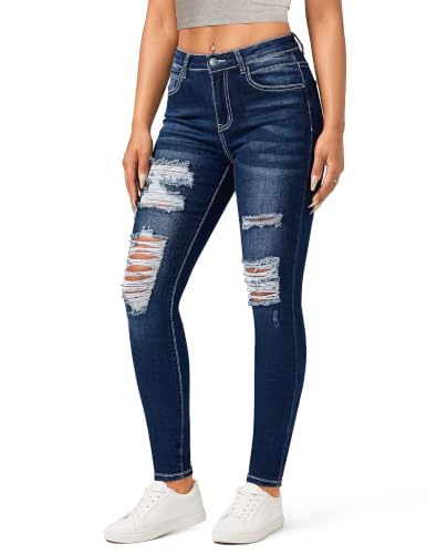 Image of roswear Women's Essentials Ripped Mid Rise Destroyed Skinny Jeans