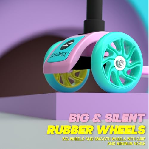 Image of Konex Kick Scooter for Kids (2+ Years) | 3 Broad Rubber Wheels for Smooth Ride | 4-Level Height Adjustable Handle | Foldable & Portable with Back Brake | Holds Up to 40 kg (Pink-Sea Green)