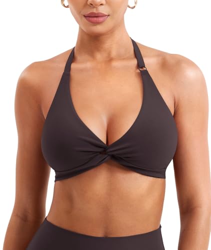 Image of YEOREO Halter Sports Bras for Women Low Impact Removable Padded Adjustable Deep V Bra Seamless Workout Gym Crop Tops