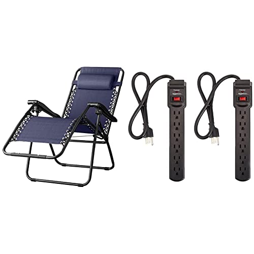 Amazon Basics Outdoor Textilene Adjustable Zero Gravity Folding Reclining Lounge Chair with Pillow, Navy Blue & 6-Outlet, 200 Joule Surge Protector Power Strip, 2 Foot, Black - Pack of 2