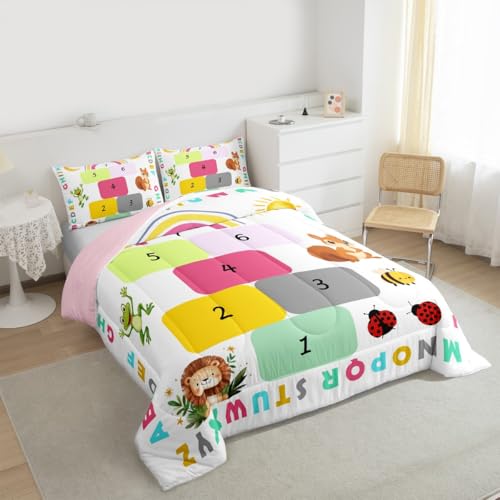 Image of Feelyou Kids Educational Comforter Set All Season Alphabet Bedding Set with 2 Pillow Cases Learning Alphabet Microfiber Kids Full Bedclothes Numbers Bedroom Decor Duvet Quilt Soft Lightweight