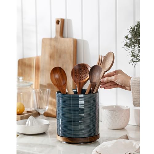 Image of Utensil Holder, 360 Rotating Extra Large Ceramic Kitchen Utensil Holder for Countertop, 7.3 inch Cooking Utensil Crocks for Kitchen Counter with Rotatable Wooden Base, Farmhouse Decor, Dusty Blue
