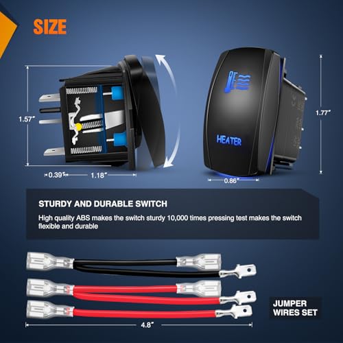 Image of Nilight Heater Rocker Switch Led Light Bar 5 Pin Laser On Off | SPST Switches 20A /12V 10A /24V Blue with Jumper Wires Set for Cars Trucks Boats ATVs UTVs RVs