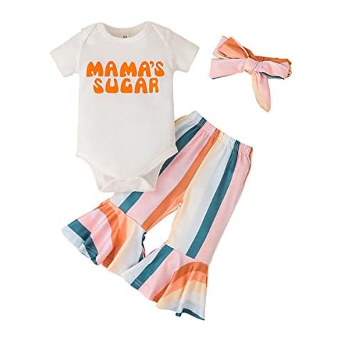 Baby Girl Clothes Newborn Letter Short Sleeve Romper Tops + Rainbow Flared Pants + Headband Infant Outfits Set, White, 9-12 Months Cover