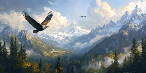 Ruohuo 5D Diamond Painting Grande Punto de Cruz Kit Completo águila montaña nevada,Bricolaje Pintar por Numeros Adulto Niño Rhinestone Bordado Diamante Pintura para Hogar Decor/Navidad/Regalo,25x50cm