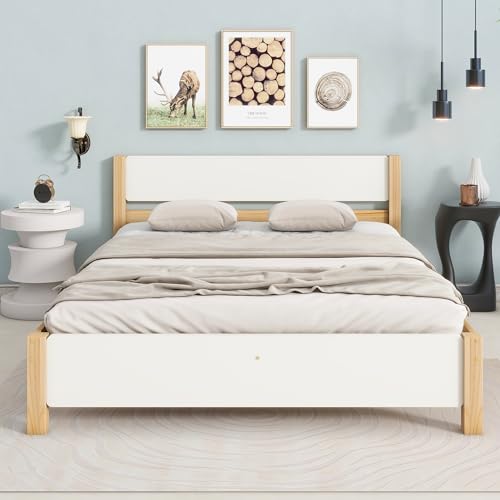 BTM Lit Double en Bois, Cadre en pin, Pied Central, ado, Adulte, tête et Pied en MDF, Blanc+Naturel, 140x200cm