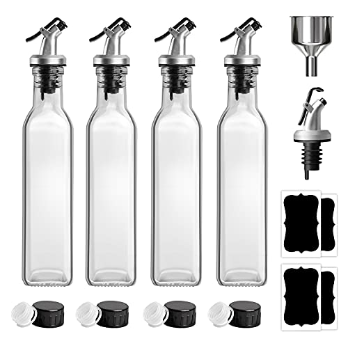 GMISUN 8oz Olive Oil Bottle Dispenser, 4 Pack Leakproof Oil And Vinegar Cruet Set With Clear Glass Oil Bottle, Non-Drip Spouts, Black Caps, Funnel And Labels