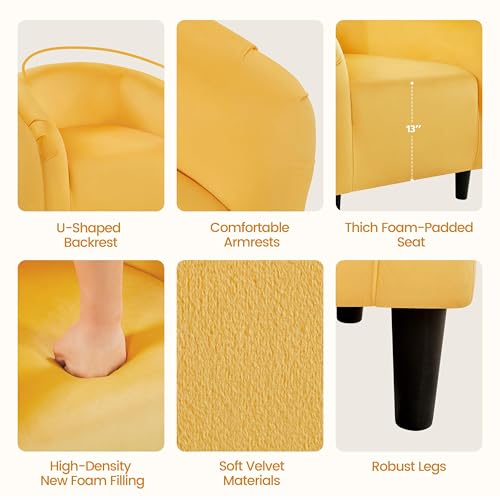 Image of Yaheetech Velvet Accent Chairs, Compact Furry Barrel Chairs with a Curved Silhouette for Small Spaces, Living Room, Bedroom, Yellow