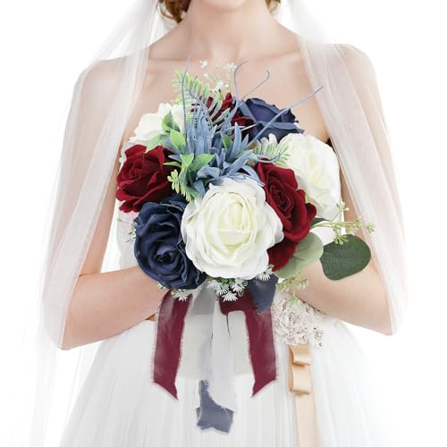HOMENERGY Wedding Bouquets for Bride - Artificial Bridal Bouquets Pre-Made Roses Flower Bouquets for Vintage Wedding or Centerpieces Decoration - Navy Blue & Burgundy