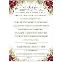 Rustic Floral Christmas Trivia Game Fun Party Activity with Holiday Movie and Song Questions for Adults, Office, Group, Thanksgiving, 25 Pack, 5x7 Cards, Version 2