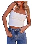 SOLY HUX Women's Summer Cami Contrast Lace Bow Front Crop Tops Square Neck Sleeveless Tie Back Tank Top Plain White Medium