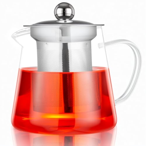 Spring Chef 450ML/15.83OZ Round Glass Teapot with Infuser, Heat-Resistant Borosilicate Glass Strainer Teapot, Removable Infuser Tea Pot Handmade