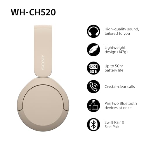 Sony WH-CH520 Wireless Bluetooth On-Ear Headphones, Lightweight Design, Up to 50hr Battery Life, Quick Charge, EQ, Clear Call Quality, iOS & Android - Beige - Image 4