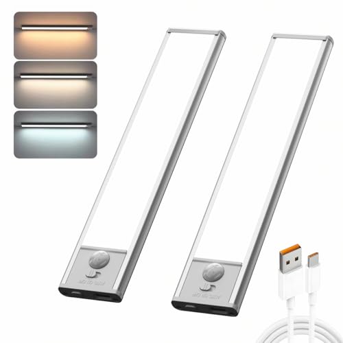 Image of BLE Lighting under cabinet lighting, 2 pack Motion Sensor Lights Indoor,Rechargeable Closet Lights Battery Operated,3 color Dimmable cabinet lights, under cabinet lighting wireless for kitchen,Hallway