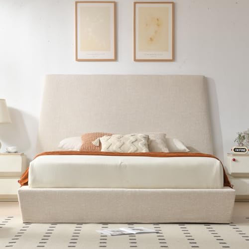 VELOCAVA King Size Lift-Up Storage Bed, Modern Upholstered Bed with 51.57" Tall Headboard and Sleek Tapered Silhouette, Hydraulic Lift Platform, No Box Spring Needed, Linen-Blend Fabric, Beige