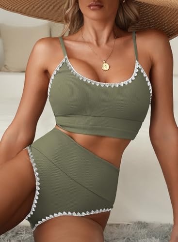 Herseas Women High Waisted Solid Color Two Piece Bikini Sets Plus Size Swim Suit Push Up Top Sporty 2026 Summer Best Bathing Suits Green Cute Beach Outfits Shell Stitch Medium