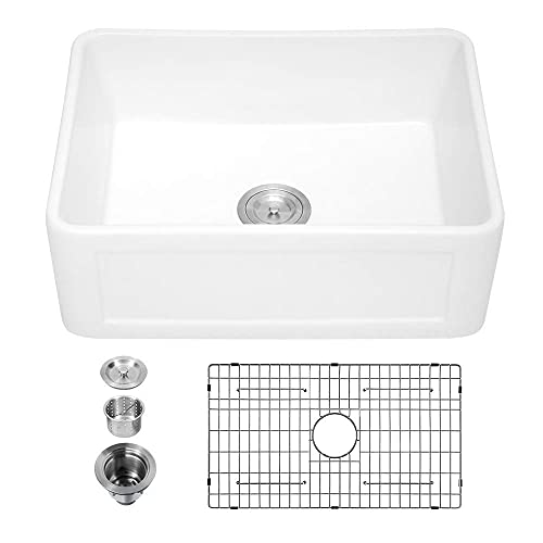 Sarlai 24 Small White Farm Sink - 24 Inch Kitchen Sink White Ceramic Porcelain Fireclay Apron Front Reversible Single Bowl Farmhouse Sink Laundry Utility Sink Basin