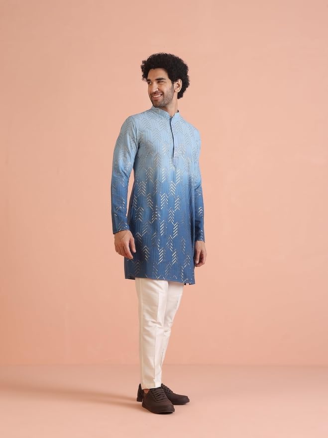 Image of KISAH Men's Navy Blue Printed Cotton Kurta - Regular Fit Long Tunic with Mandarin Collar | Ethnic Wear for Weddings & Festive Occasions