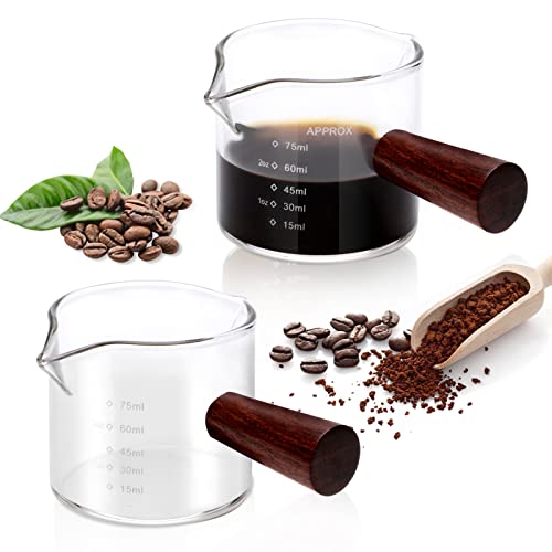 2 Packs Double Spout Espresso Shot Glass, Wjiang Espresso Measuring Cup With Wood Handle, Espresso Pouring Cup Espresso Glass Carafe Shot Glass Mini Milk Glass, For Milk Coffee Espresso Making 2.5Oz #TOP10