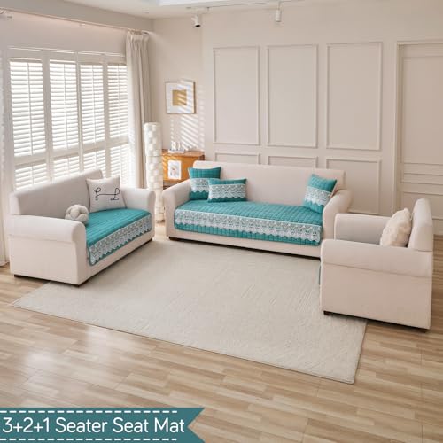 Image of HOKIPO 'BelleLace Series' 6 Seater Sofa Cover Mat in 3+2+1 Configuration | Imperial Milk Velvet with Lace Design | Teal (AR-5966+5964+5962-TEAL)