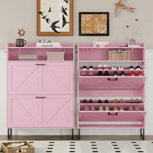 Image of BORNOON Shoe Cabinet with 2 Flip Drawers Narrow Shoe Storage Cabinet Organizer Wooden Freestanding Rack Hidden Slim Storage for Entryway, Hallway, Living Room, Bedroom