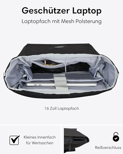LARKSON Rucksack Damen & Herren Schwarz - No 4 Large - Rolltop Backpack 21 L mit 16 Zoll Laptopfach Uni, Arbeit & Fahrrad - Großer Reiserucksack mit Trolley Strap