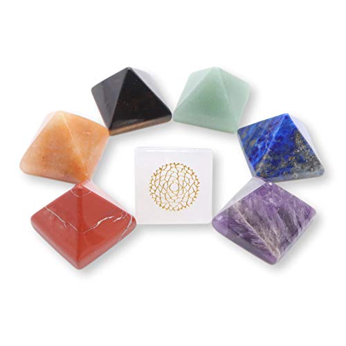 Uorbeay NatureWonders All Natural 7 Chakra Stone Set (Pyramid) with Engraved Symbols (Gift Box, Information Brochure & Pouch) - Healing Crystals, Balancing, Tumbled Palm Stone, Touchstone, Meditation