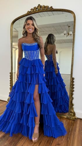 Prom Dresses for Women Sparkly Sequins Tiered Chiffon Formal Dress with Slit Strapless He50954