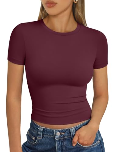 Trendy Queen Womens Short Sleeve T Shirts - Buttery Soft Summer Crop Tops Slim Fit Y2k Basic Tees for Workout Wine Red M