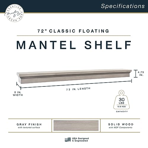 Image of MCS 72-Inch Mantel, Master & Co Gray Woodgrain Finish Solid Wood Floating Fireplace Mantel, Long Floating Shelf for Livingroom with Wood Cleat Hanging System, Photo and Home Decor Display Shelf