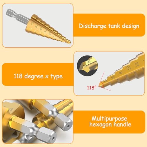 xiluuyou HSS Stufenbohrer Set, 3-teilig, Titanbeschichtet Schälbohrersatz, Exact Spiralnut Kegelbohrer für Metall, Holz, Kunststoff, 4-12/4-20/4-32mm