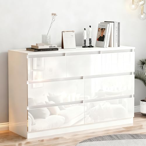 TRIOBLADE High Gloss Chest of Drawers 6/7/8 Drawers Modern Wooden Storage Unit No Handle with Metal Runners Bedside Table Cabinet for Bedroom Living Room Hallway (White, 7 Drawer Chest of Drawers)