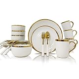 AXYWINBO® Dinnerware Sets,24-Piece Plates and Bowls Sets for 4,White Modern Porcelain Dish Set Conta