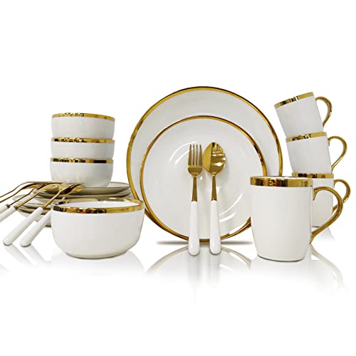 Axywinbo® Dinnerware Sets,24-Piece Plates And Bowls Sets For 4,White Modern Porcelain Dish Set Contain Dinnerware & Accessories For Wedding And Housewarming Gifts #TOP3