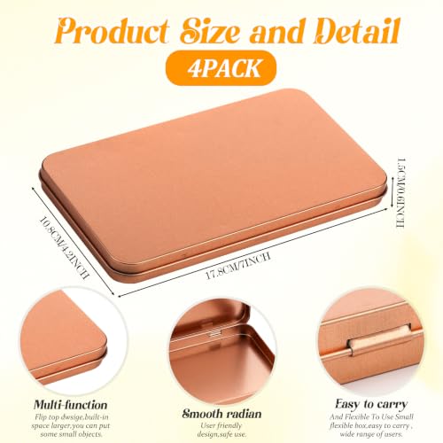Image of Geiserailie 4 Pack Rectangular Metal Tin Box with Lid Metal Hinged Lid Tin Mini Paint Storage Box Empty Container Storage for Watercolor Jewelry Pen Candy Craft Organizer 7.0 x 4.2 x 0.6'' (Rose Gold)