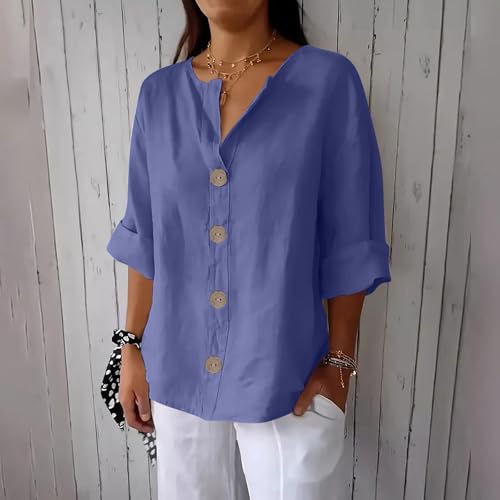 Women Boho Summer Tops Cotton Linen Blouses Button Down 3/4 Sleeve Gauze Shirts Tunic Trendy Dressy Casual Peasant Clothes2