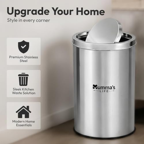Image of Mumma's LIFE 10L Dustbin for Kitchen with Lid | Stainless Steel Swing Lid Trash Can | Steel Trash Can for Home & Office | Dustbin for Bathroom, Bedroom & Washroom (8x12 Inch)