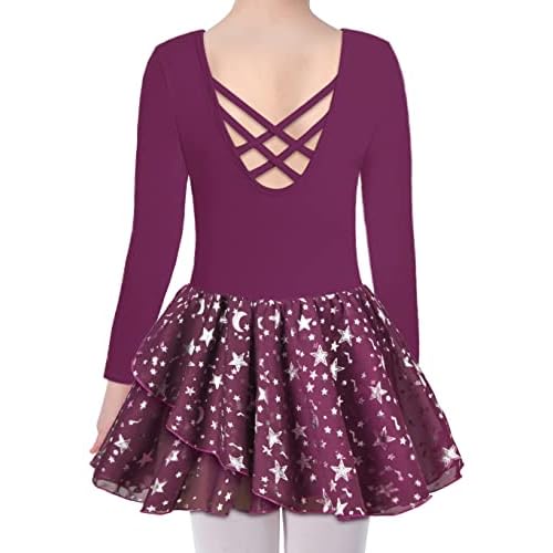 DANSHOW Ballet Leotards for Girls Dance Skirted Leotard Kids Ballet Tutu Dress Toddler Shiny Ruffle Sleeve Dancewear 10-11 Years Z-dark Purple Sliver-stars