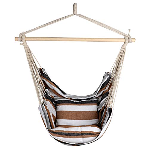 E EVERKING Hanging Rope Hammock Chair Swing Seat with Two Seat Cushions and Carrying Bag, Cotton Weave Porch Swing Chair for Indoor, Outdoor, Garden, Patio, Porch, Yard, Max 265 Lbs